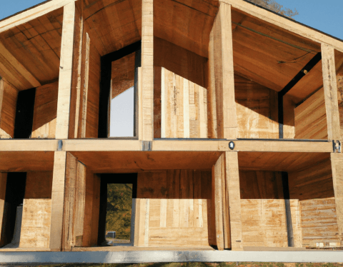 Maison en bois avec une structure ouverte, mettant en valeur des murs et fenêtres.