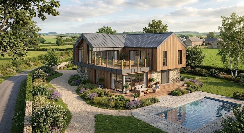 Maison moderne en bois et verre avec balcon et terrasse, entourée de verdure.