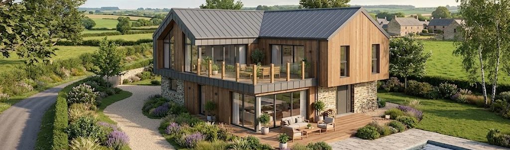 Maison moderne en bois et verre avec balcon et terrasse, entourée de verdure.